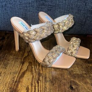 Steve Madden Kenley-R Rhinestone Braided Gold Sandal - Glam Square Toe Stiletto